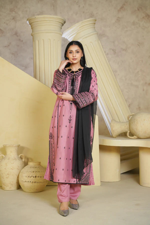 Bint e Libaas Pink Linen Chambray Embroidered Ensemble – 3 Piece Suit