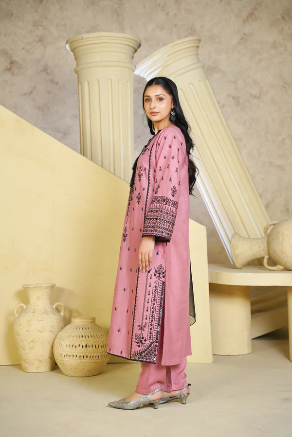 Bint e Libaas Pink Linen Chambray Embroidered Ensemble – 3 Piece Suit