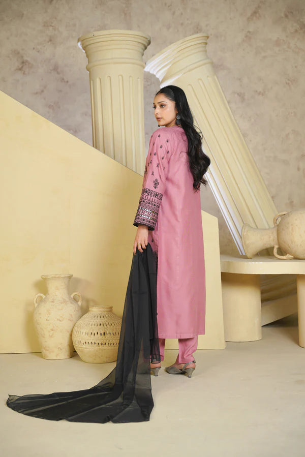 Bint e Libaas Pink Linen Chambray Embroidered Ensemble – 3 Piece Suit
