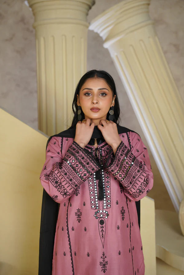 Bint e Libaas Pink Linen Chambray Embroidered Ensemble – 3 Piece Suit
